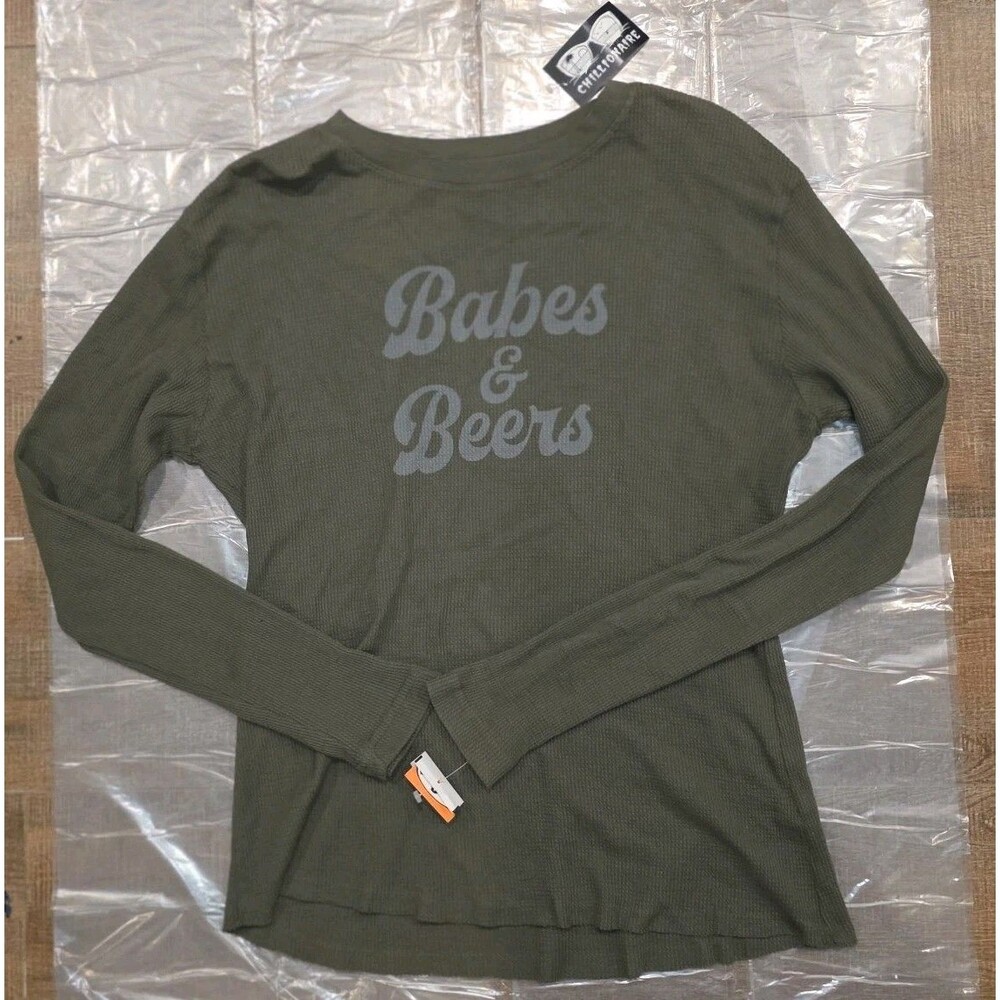 CHILLIONAIRE BY AFFLICTION Thermal Waffle Shirt Babes & Beers Med Raw Hem SZ M